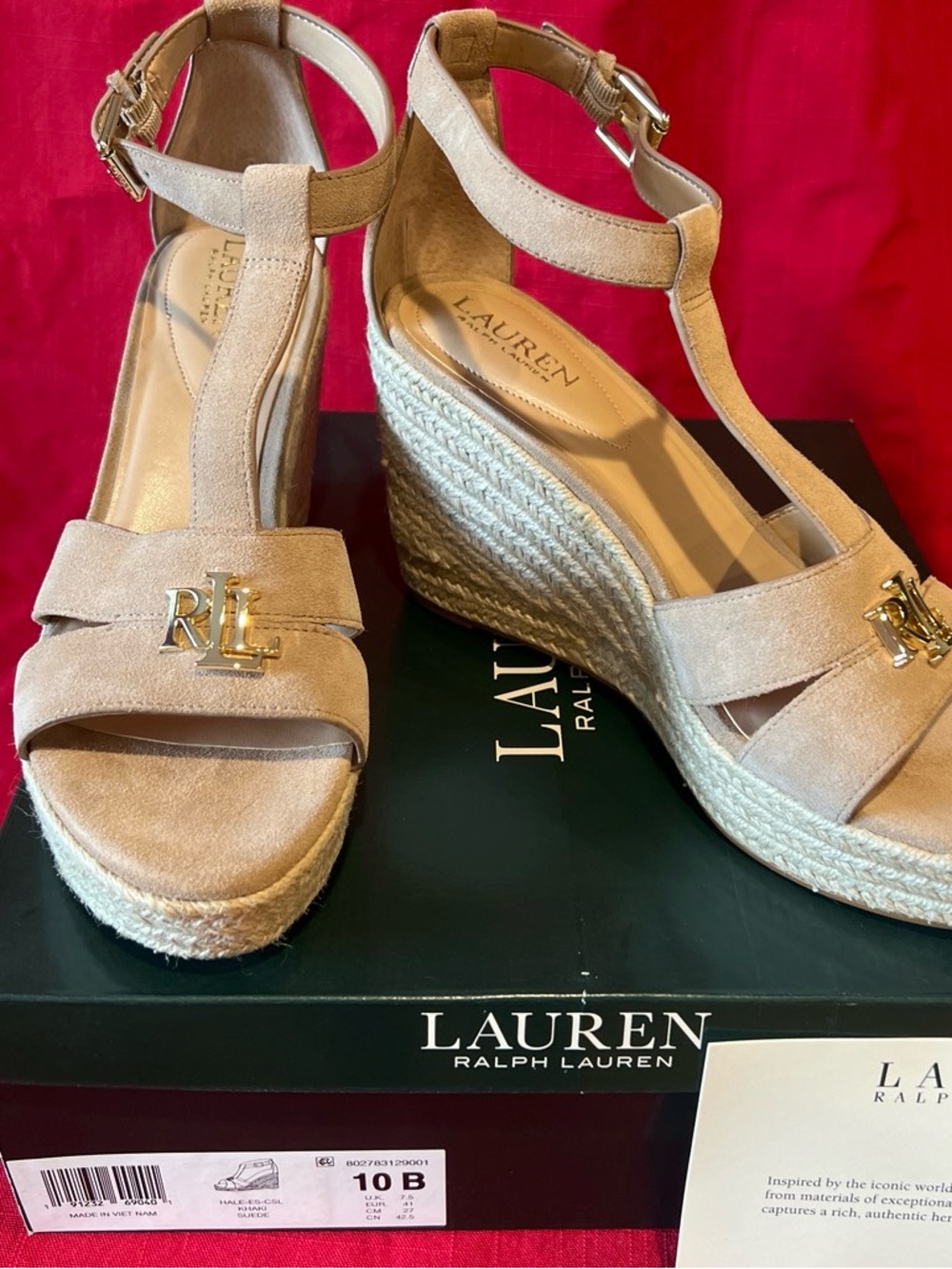 Ralph Lauren Beige Suede Wedge Espadrille Sandals with Gold RL Hardware 10B